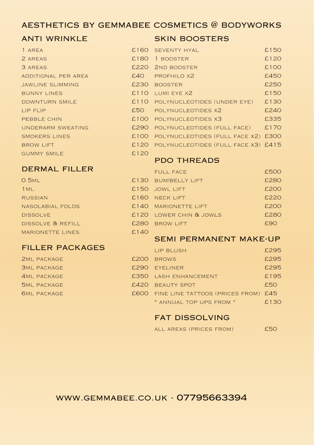 Aesthetics Price List